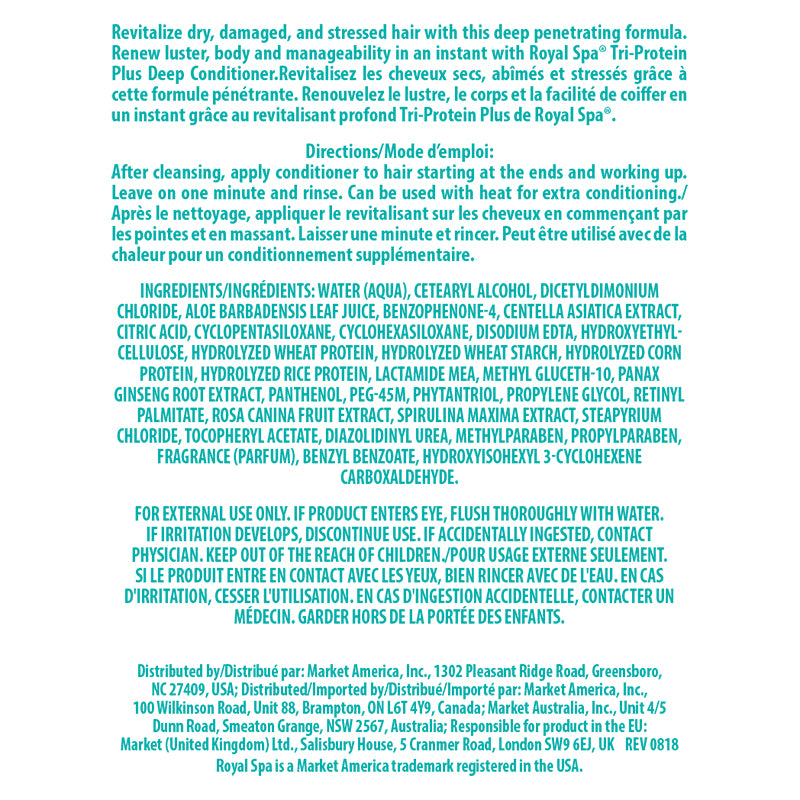 Royal Spa Tri-Protein Plus Deep Conditioner Product Label. See Product Label Details section further below.