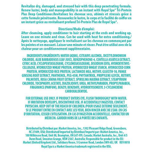 Royal Spa Tri-Protein Plus Deep Conditioner Product Label. See Product Label Details section further below.