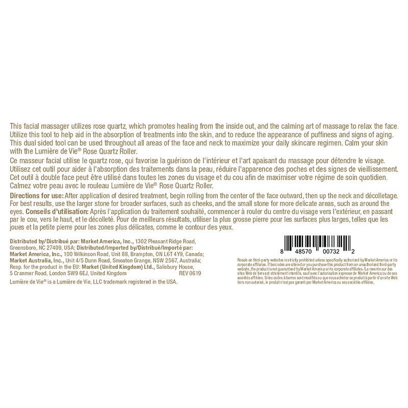 Lumière de Vie Rose Quartz Roller Product Label. See Product Label Details section further below.