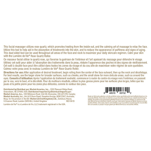 Lumière de Vie Rose Quartz Roller Product Label. See Product Label Details section further below.