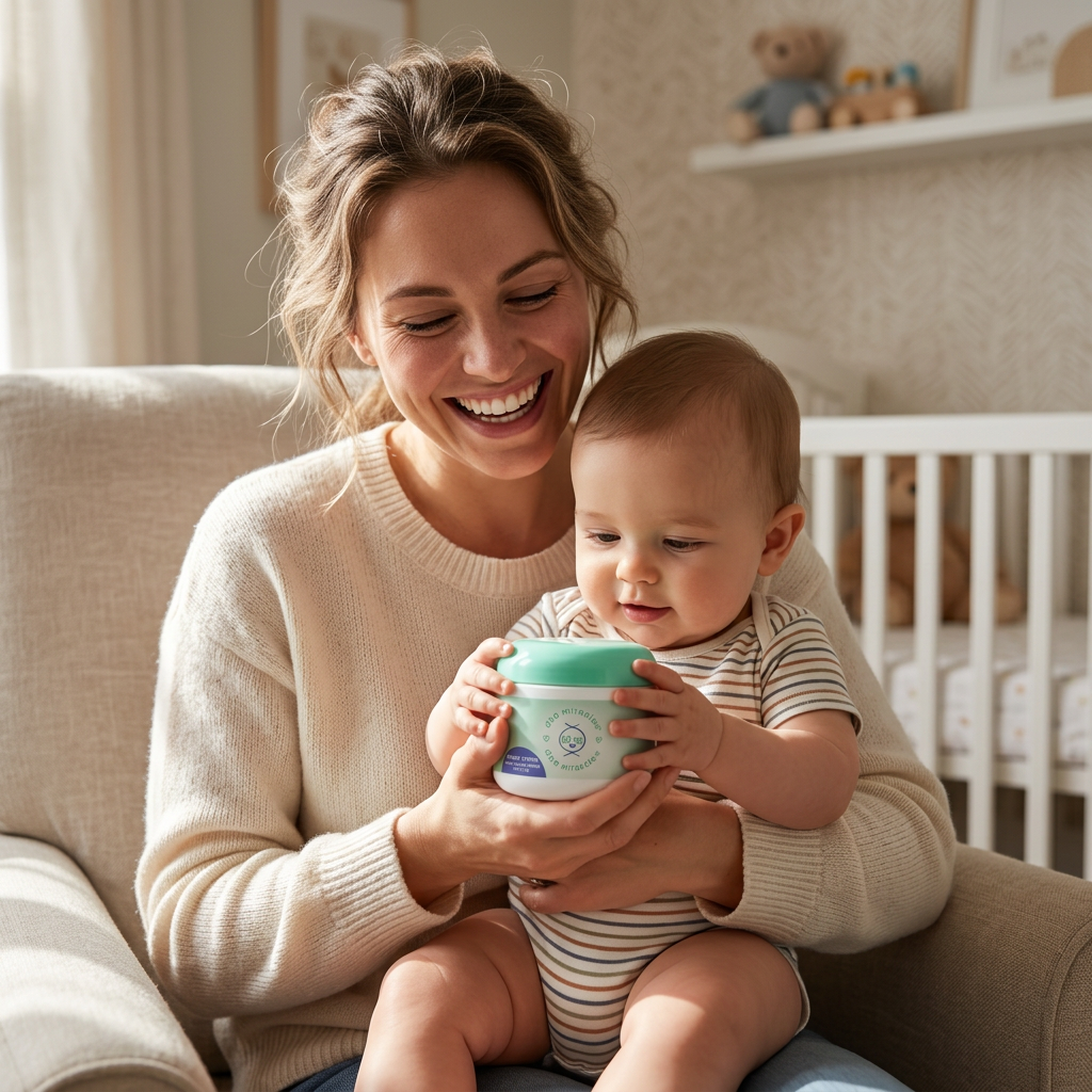 A smiling woman sits on a beige armchair holding a baby in a nursery. The baby wears a striped bodysuit and holds a mint-green and white container.