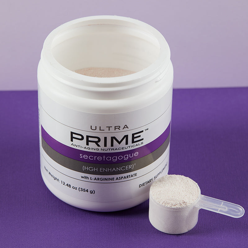 Prime Ultra Secretagogue - HGH Enhancer, with serving scoop filled with powder product