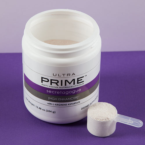 Prime Ultra Secretagogue - HGH Enhancer, with serving scoop filled with powder product