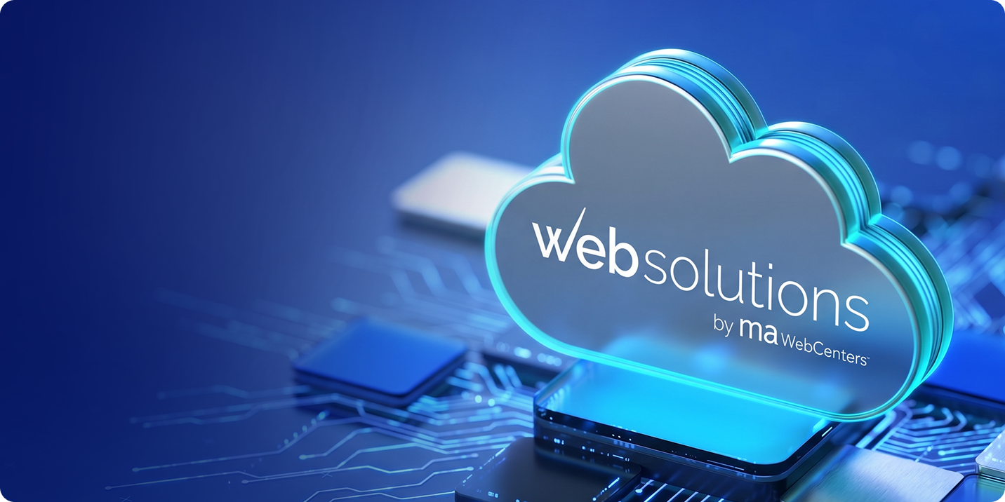 A glowing blue cloud-shaped hologram with the text 'websolutions by maWebCenters' floating above a circuit board on a dark blue background.