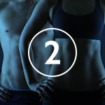 A close-up lifestyle shot of a person's torso wearing a dark sports bra, with a large white circle and the number 2 overlaid in the center.