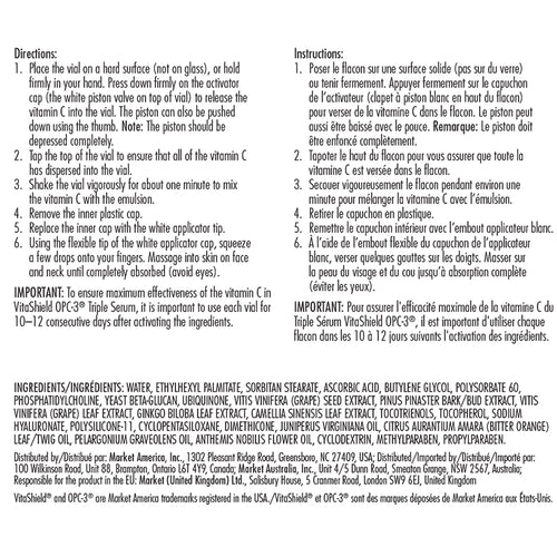 VitaShield OPC-3 Triple Serum Product Label. See Product Label Details section further below.