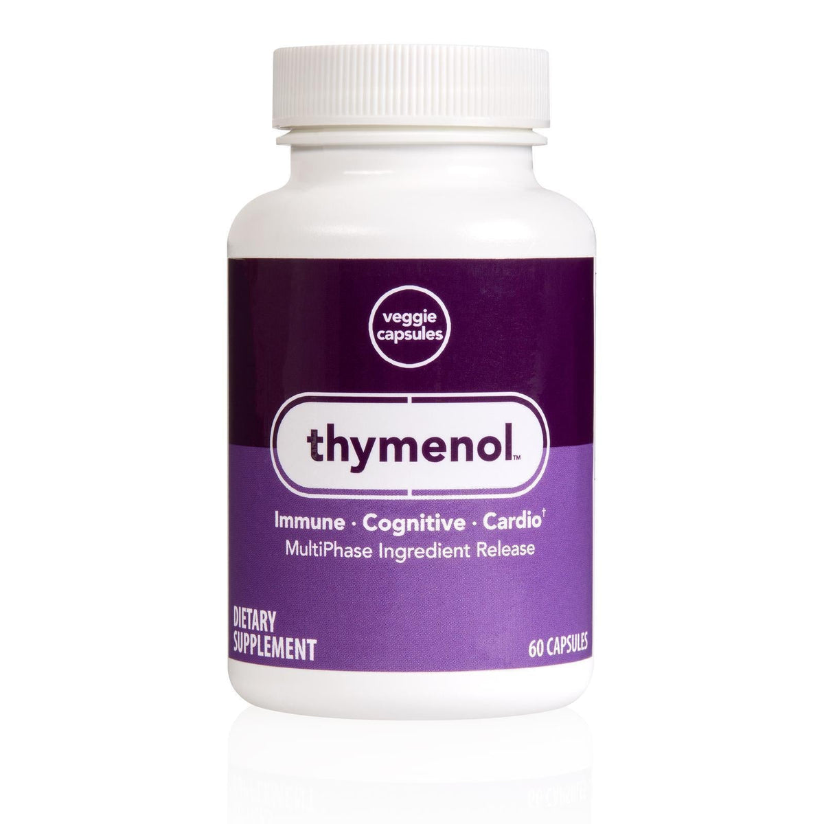 Thymenol dietary supplement bottle with purple label on a white background