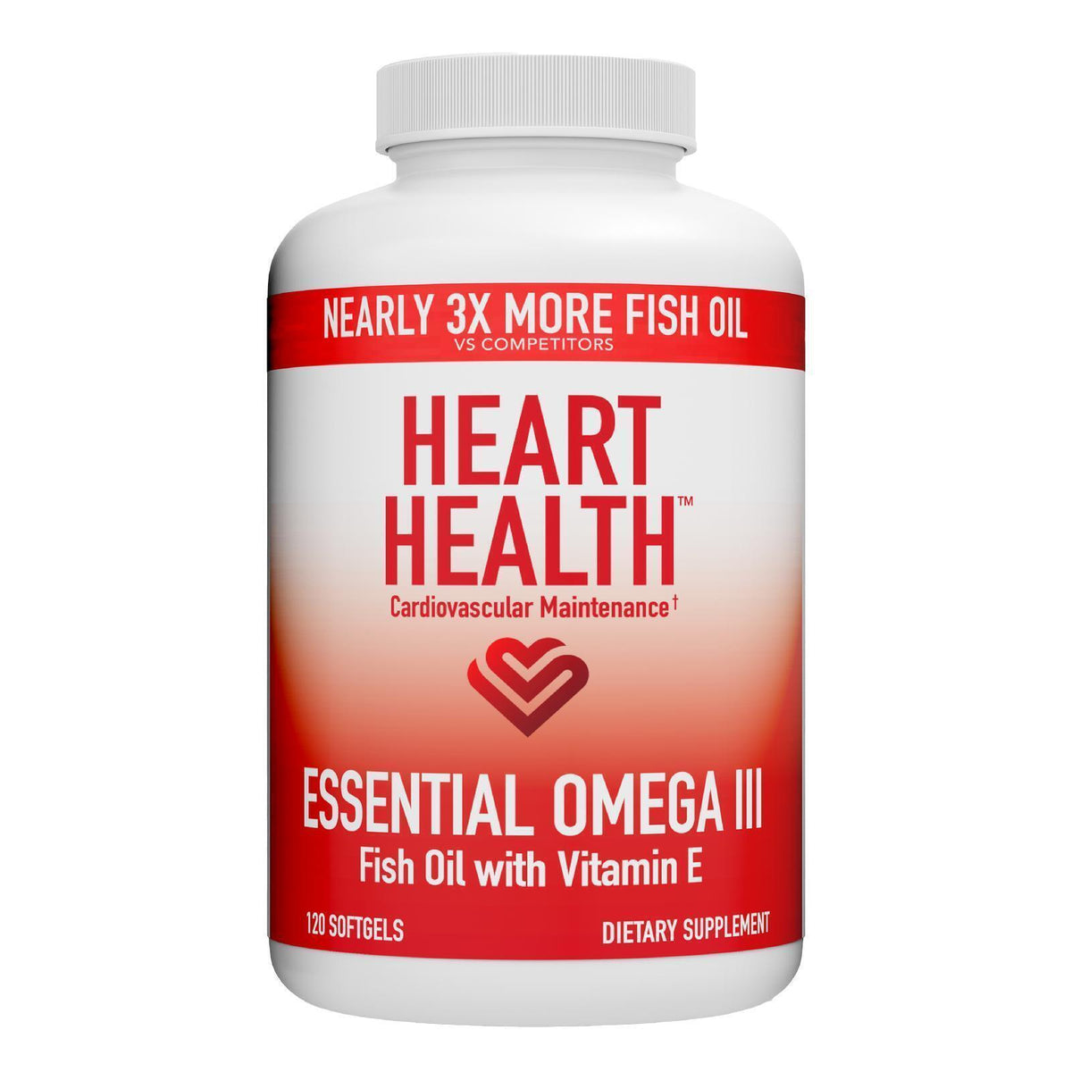 Supplement bottle labeled 'Heart Health' with red and white design on a white background