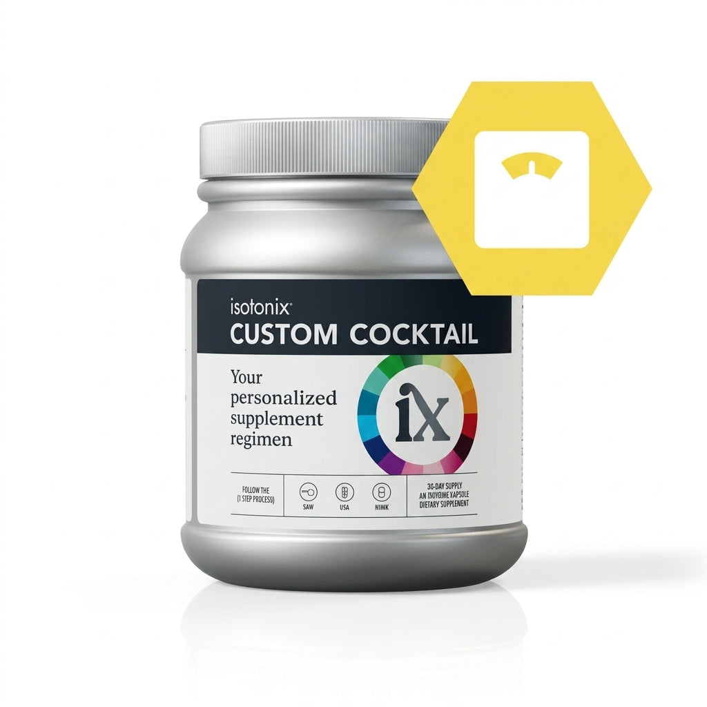 A silver plastic tub of Isotonix Custom Cocktail supplement powder with a white and black label, shown on a white background with a yellow hexagonal scale icon overlay.
