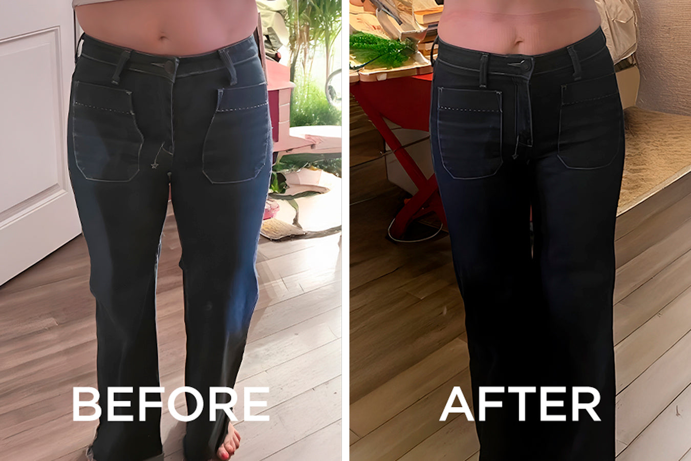 before and after image of a woman wearing pants