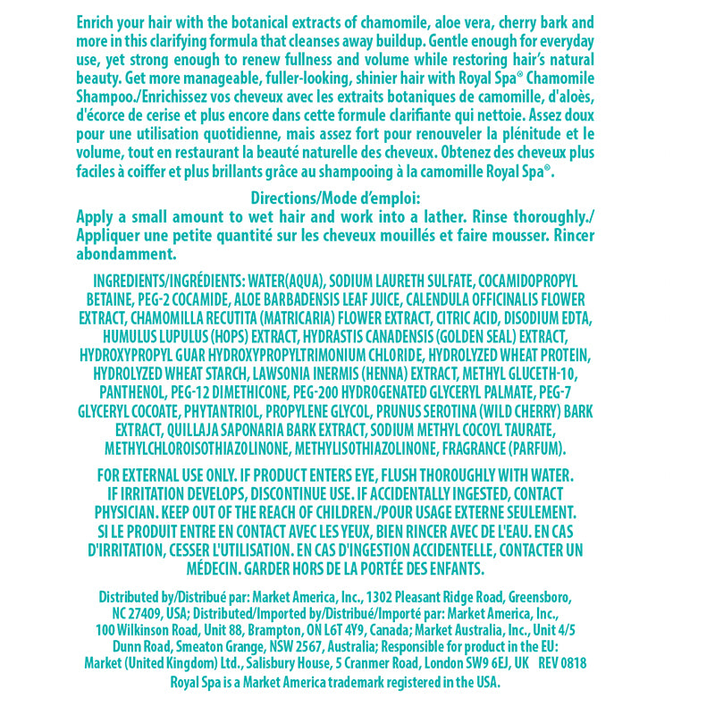 Royal Spa Chamomile Shampoo Product Label. See Product Label Details section further below.