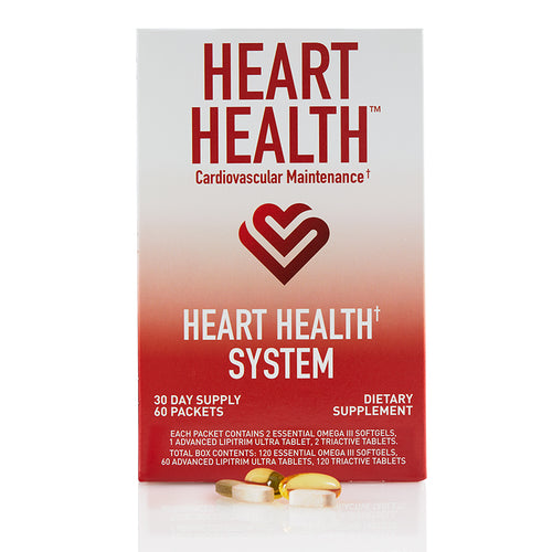 Heart Health System, front of Product box, with view of caplets at the bottom 