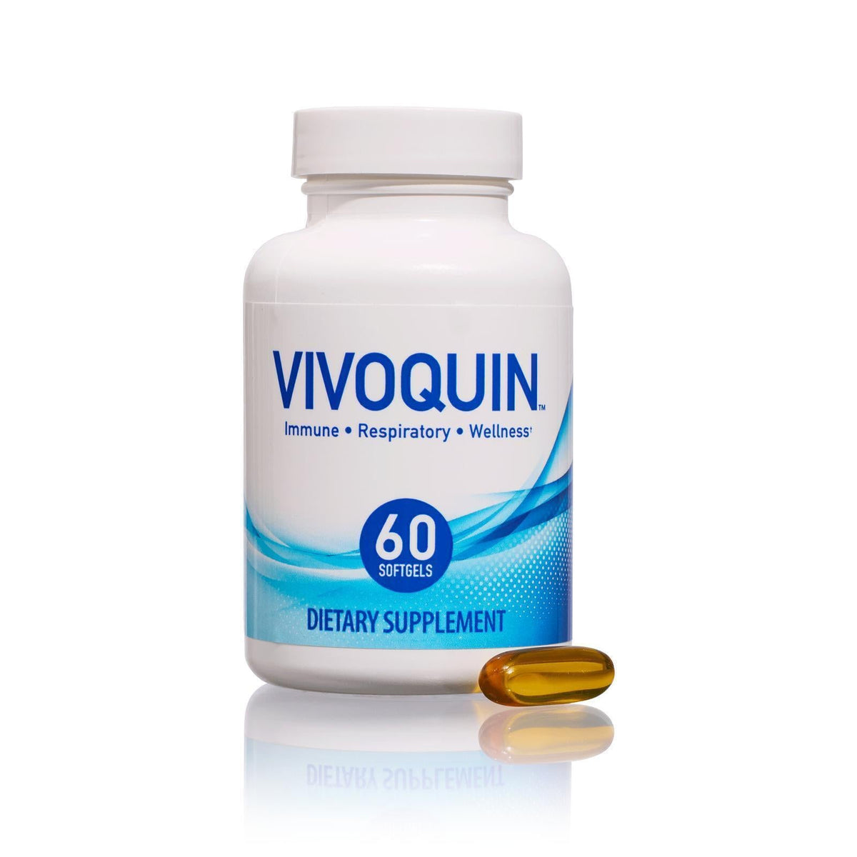 Vivoquin dietary supplement bottle with a pill on a white background