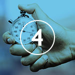 A close-up of a hand holding a vintage pocket watch, with a large white circle and the number 4 overlaid in the center against a soft blue-toned background.