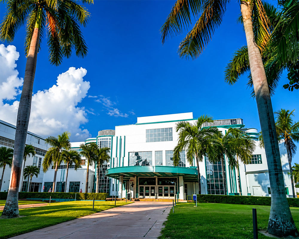A bright white modern building with green trim and a green canopy entrance, surrounded by tall palm trees and a manic lawn under a vivid blue sky with white clouds.