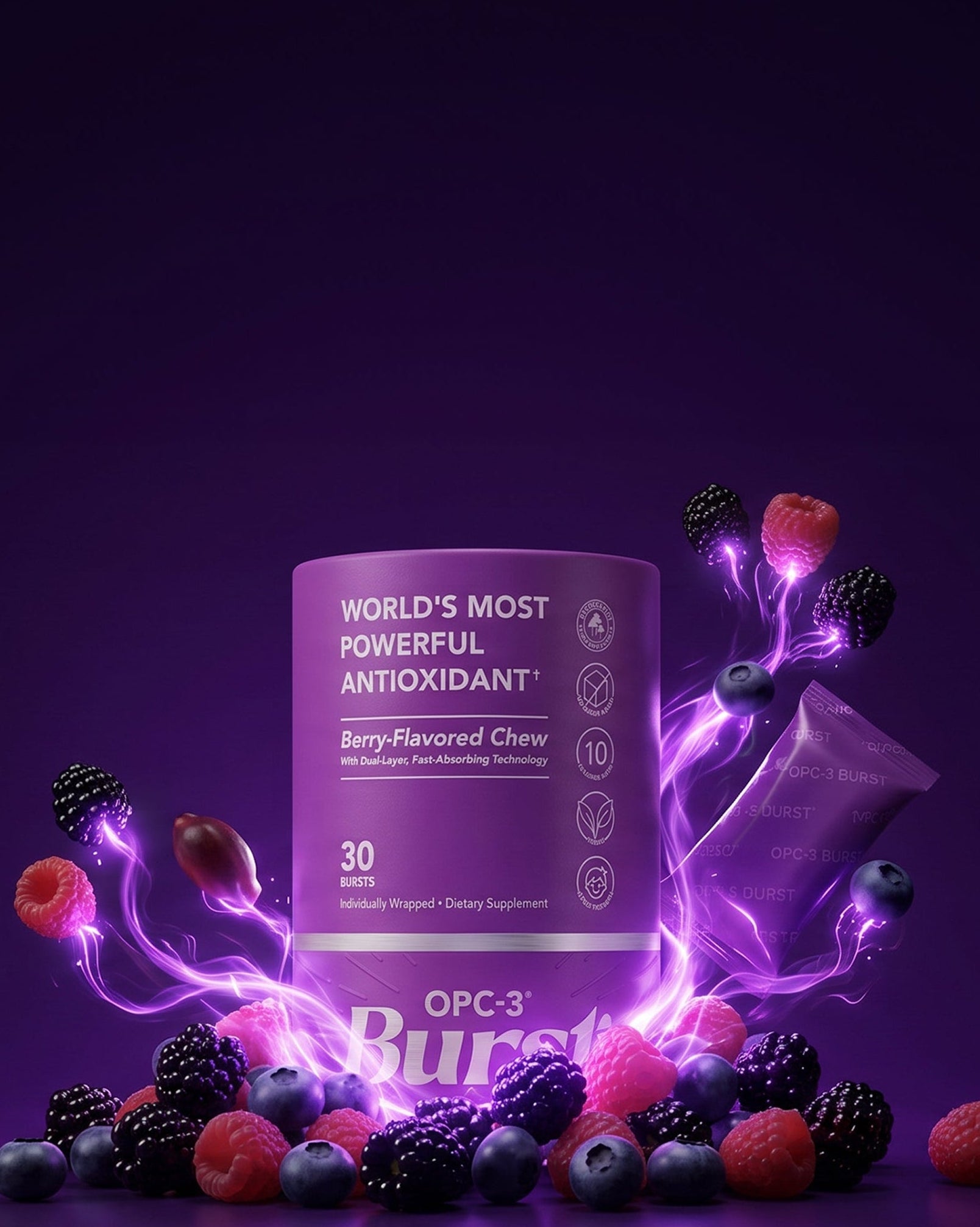A purple cylindrical bottle of OPC-3 Bury berry-flavored chewable antioxidants, surrounded by floating and splashing berries on a dark purple background.