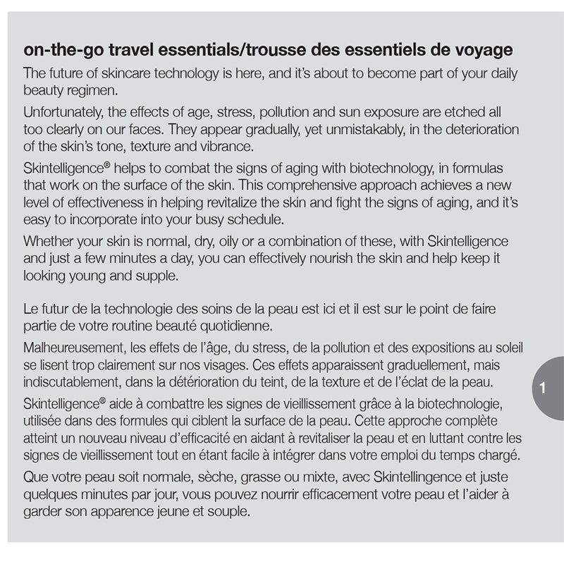Skintelligence Travel Kit Product Label. See Product Label Details section further below.