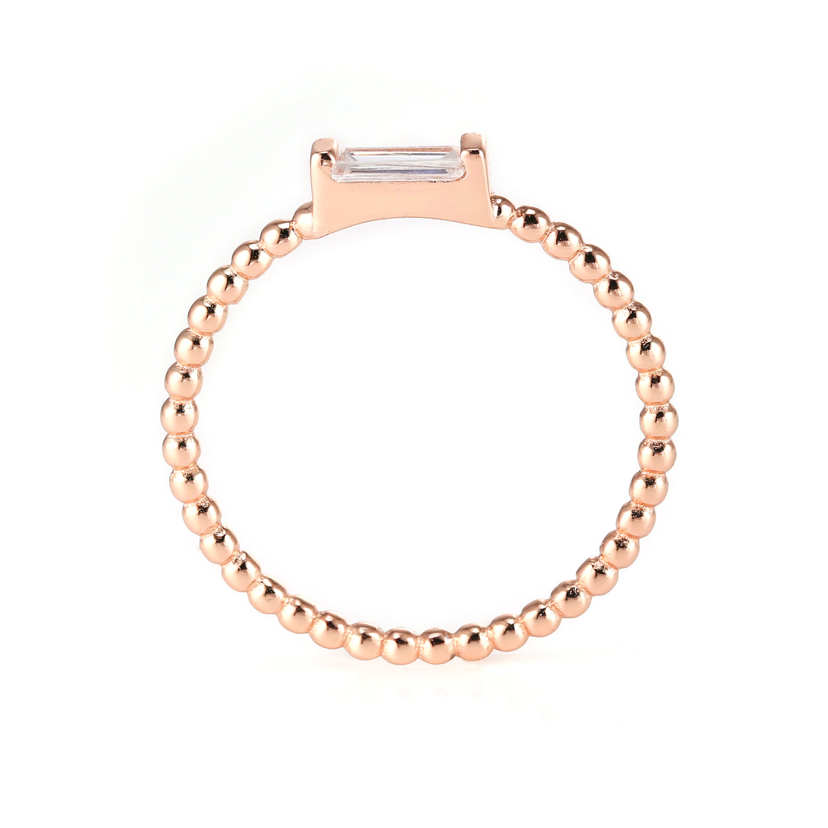 Closeup of Layered Adrienne - Spiraled Baguette Ring, Rose Gold with clear gem, edge view