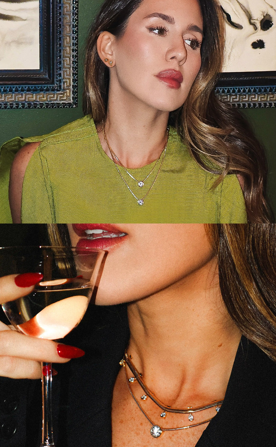 A split-screen lifestyle image showing a woman wearing layered silver necklaces. The top half shows her from the shoulders up wearing a green sleeveless top and a delicate layered silver necklace with a small clear stone.