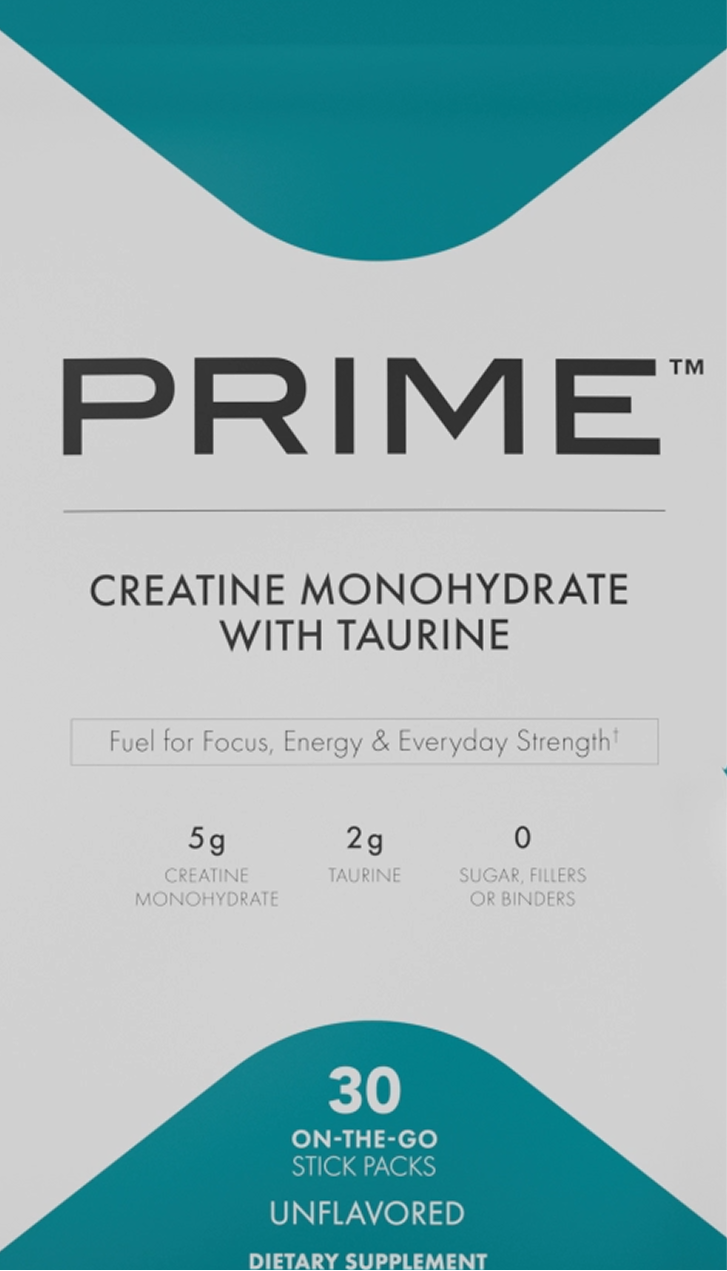 Package of Prime creatine monohydrate with taurine on a light gray background