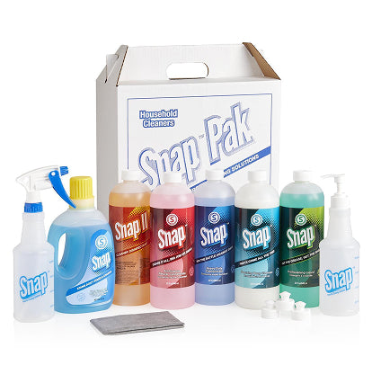 A household cleaner kit with multiple bottles and sprayers in different colors arranged in front of a white Snap Pak box on a white background.