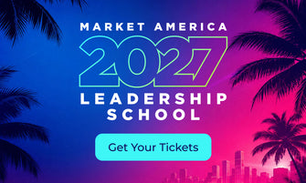 Promotional graphic for Market America 2027 Leadership School with large outlined '2027' text, 'MARKET AMERICA 2027 LEADERSHIP SCHOOL' in white, a turquoise 'Get Your Tickets' button, and palm tree silhouettes against a blue-to-pink gradient background with a city skyline at the bottom.