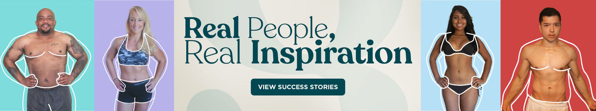 A promotional banner with the text 'Real People, Real Inspiration' and a 'VIEW SUCCESS STORIES' button, flanked by four cropped photos of fit individuals in athletic or bikini-style clothing on pastel background blocks.