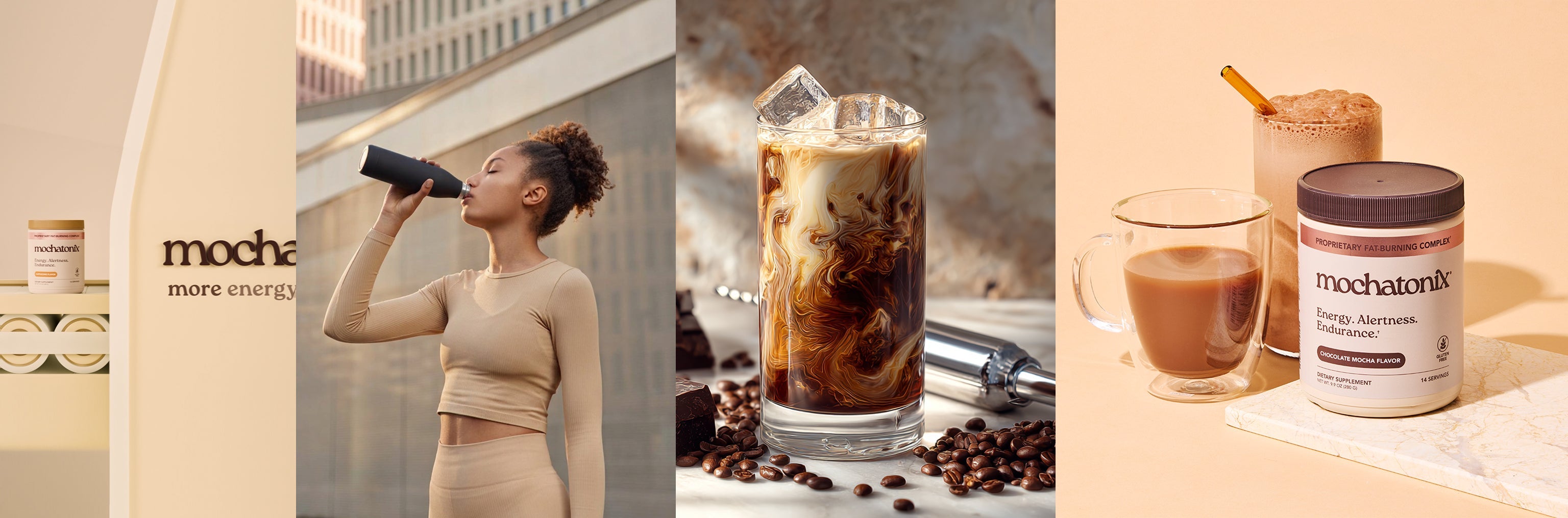 Collage of images featuring Mocha energy drink and products with a woman drinking from a bottle.