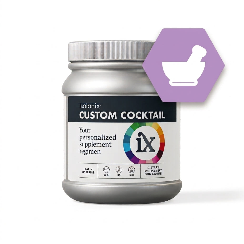 A silver jar of Isotonix Custom Cocktail personalized supplement regimen, featuring a white label with black text and a circular multicolor 'ix' logo. A purple hexagonal icon overlay with a white mortar and pestle is positioned in the top right corner against a clean white background.