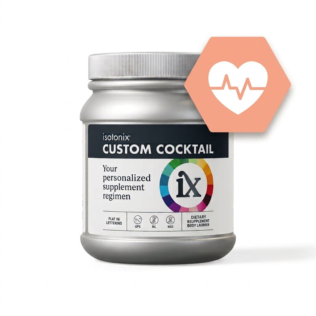A silver jar of Isotonix Custom Cocktail personalized supplement regimen, featuring a white and dark navy label with a circular multicolor 'ix' logo. A peach hexagonal icon with a white heart and EKG line is overlaid on the top right.