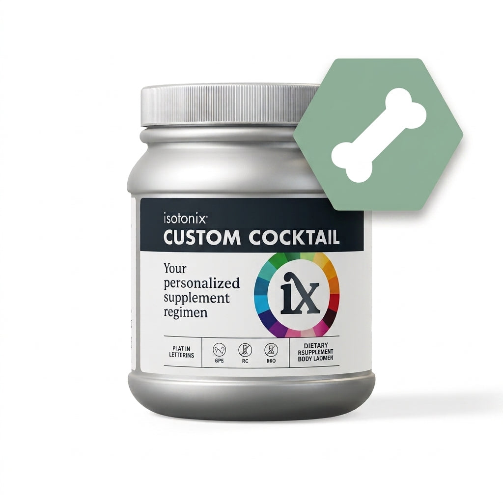 A silver jar of Isotonix Custom Cocktail personalized supplement regimen with a white lid, shown on a white background with a green hexagonal bone icon overlay.