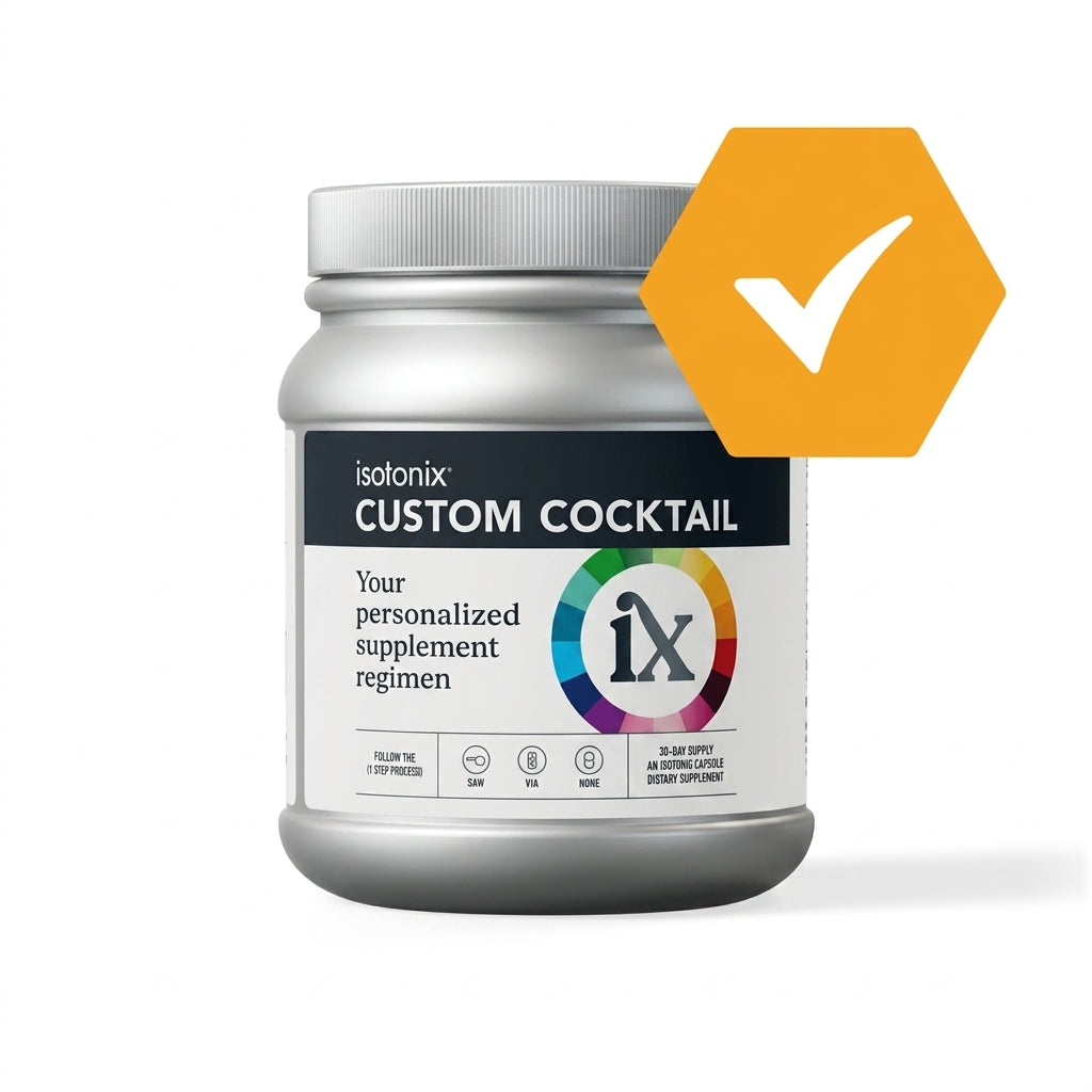 A silver plastic tub of Isotonix Custom Cocktail personalized supplement regimen with a white lid, featuring a black label with white text and a circular multicolor 'ix' logo. An orange hexagonal badge with a white checkmark is positioned in the upper right corner against a clean white background.