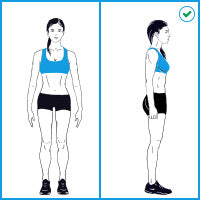 A simple fitness diagram showing a woman in a blue sports bra and black shorts from the front and side, on a white background with a green check mark in the top right.