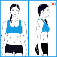 Instructional diagram showing a woman from the front and side wearing a blue sports bra, with a red 'X' marking indicating an improper or incorrect fit/posture view.