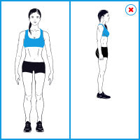 A simple line drawing showing a woman from the front and side, wearing a blue sports bra and black shorts, on a white background with blue borders.