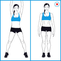 A side-by-side comparison diagram of a woman's front view, showing an incorrect pose with arms raised overhead on the left and a correct straight, relaxed pose on the right.