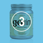 A jar of Go3im Nutrition Shake powder with a light blue lid and a light blue-green label, centered on a solid light blue background.