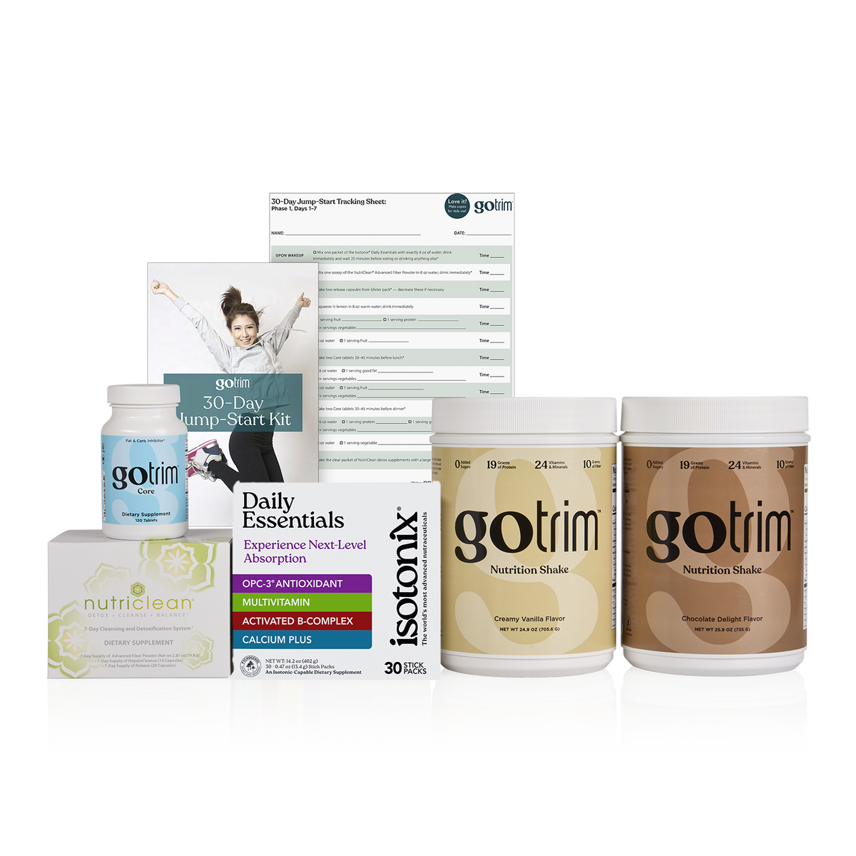 A product bundle from Gotrim and Nutriclean on a white background, featuring two large tubs of Gotrim Nutrition Shake (Creamy Vanilla Flavor and Chocolate Peanut Butter Flavor), a bottle of Gotrim 30-Day Jump Start Kit, a box of Nutriclean Calcium Plus, and a Daily Essentials supplement box.