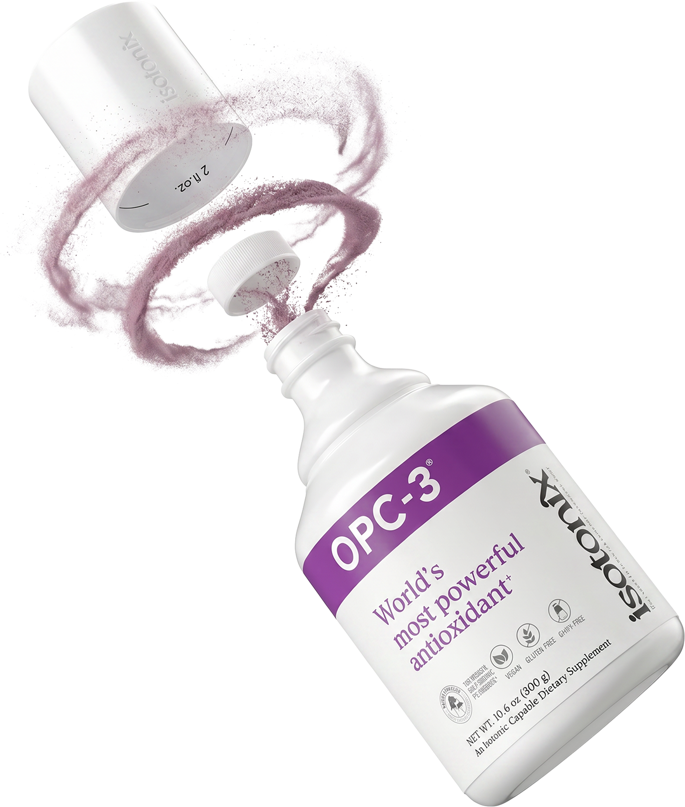 A white bottle of Isotonix OPC-3 antioxidant supplement with a purple label, shown with its cap off and pinkish-purple powder swirling around the opening, on a solid white background.