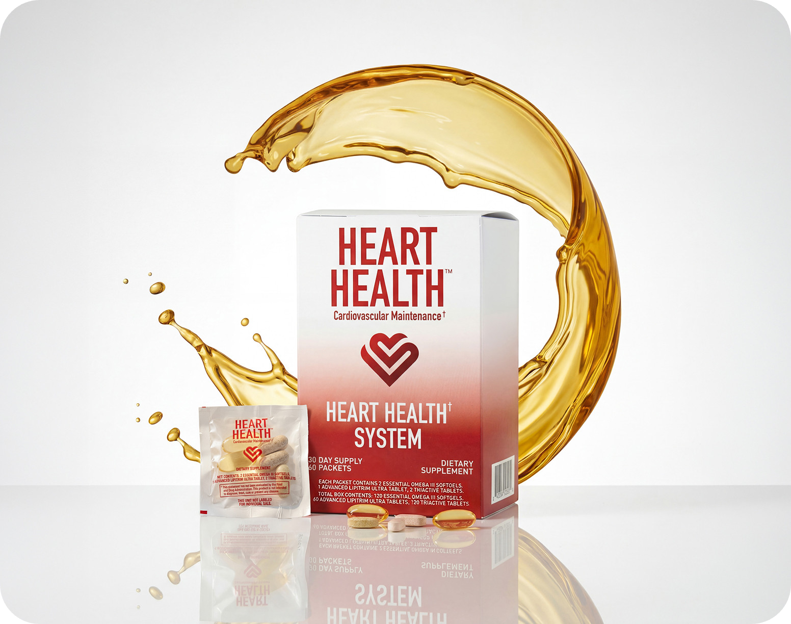 Heart Health Cardiovascular Maintenance dietary supplement box and sachet with capsules, styled with a golden liquid splash on a white background.