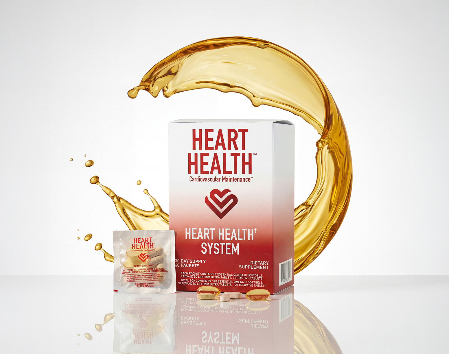 Heart Health Cardiovascular Maintenance supplement box with a small sachet and loose capsules, styled with a golden liquid splash on a white background.