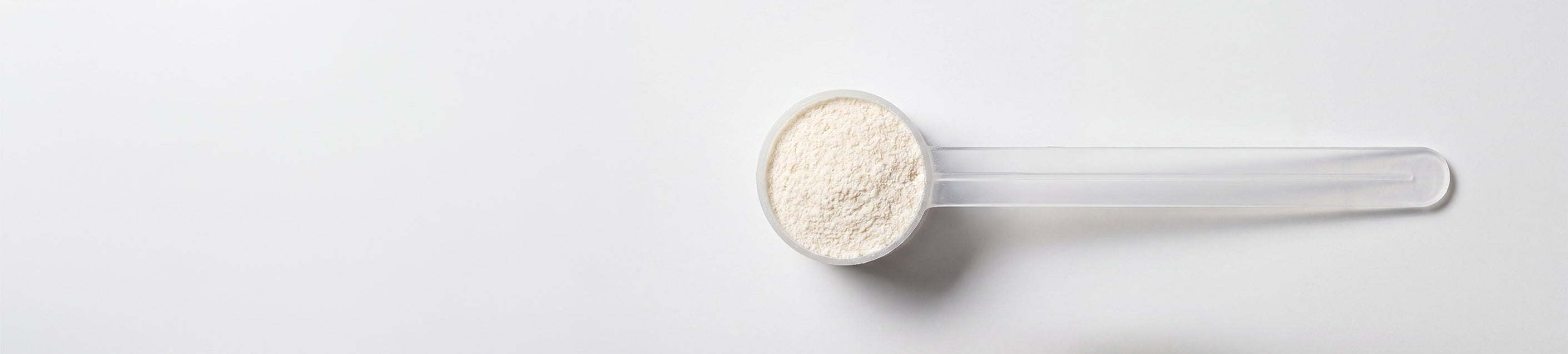 A clear plastic scoop filled with a fine off-white powder, photographed on a clean white background.