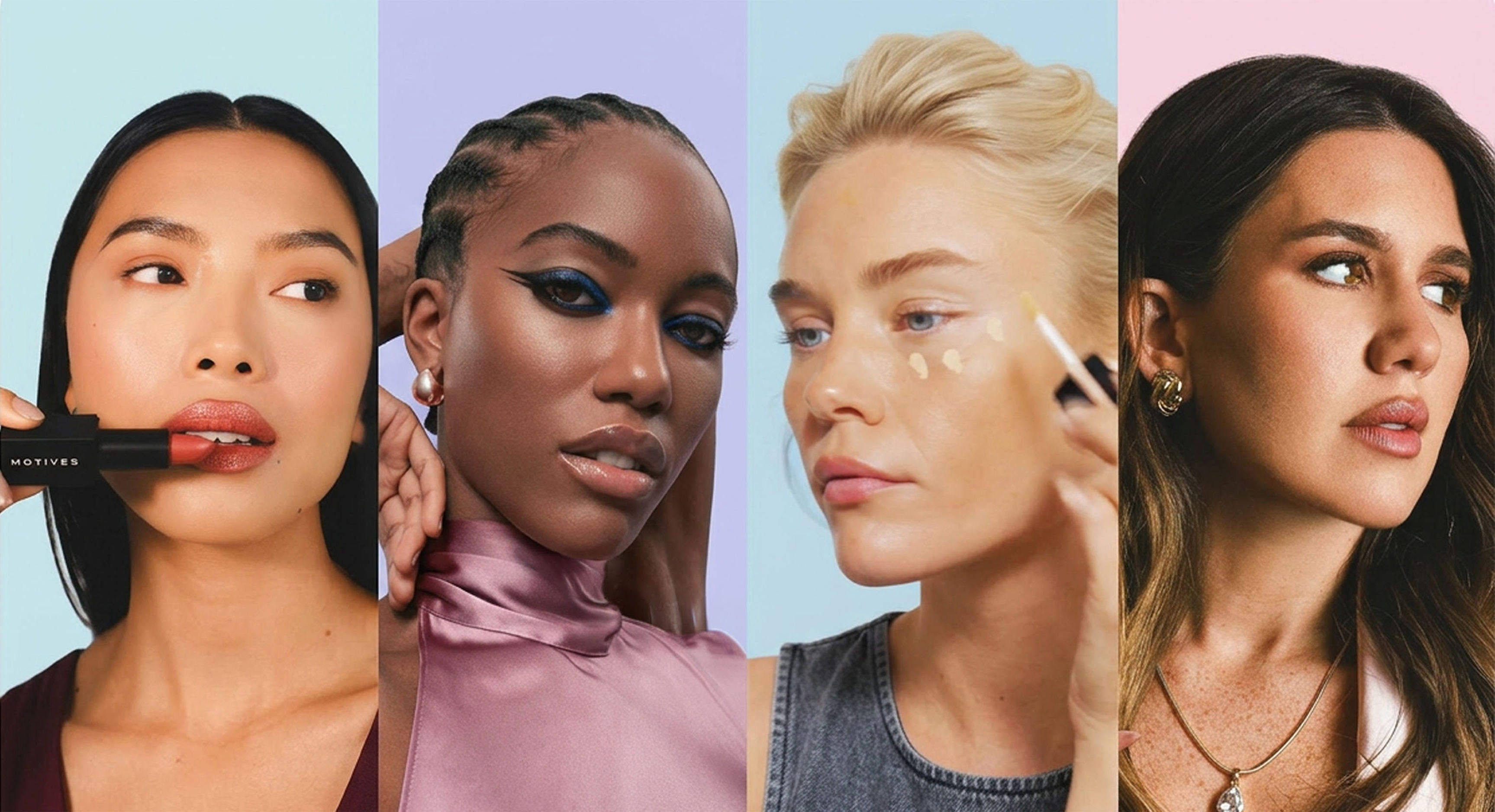 Four women shown in a vertical split-screen makeup demonstration, applying and wearing cosmetics against pastel blue, lavender, gray, and pink backgrounds.