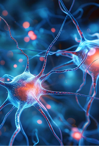 Abstract digital artwork of glowing blue neurons with red-orange light centers on a dark blue background with soft bokeh dots.