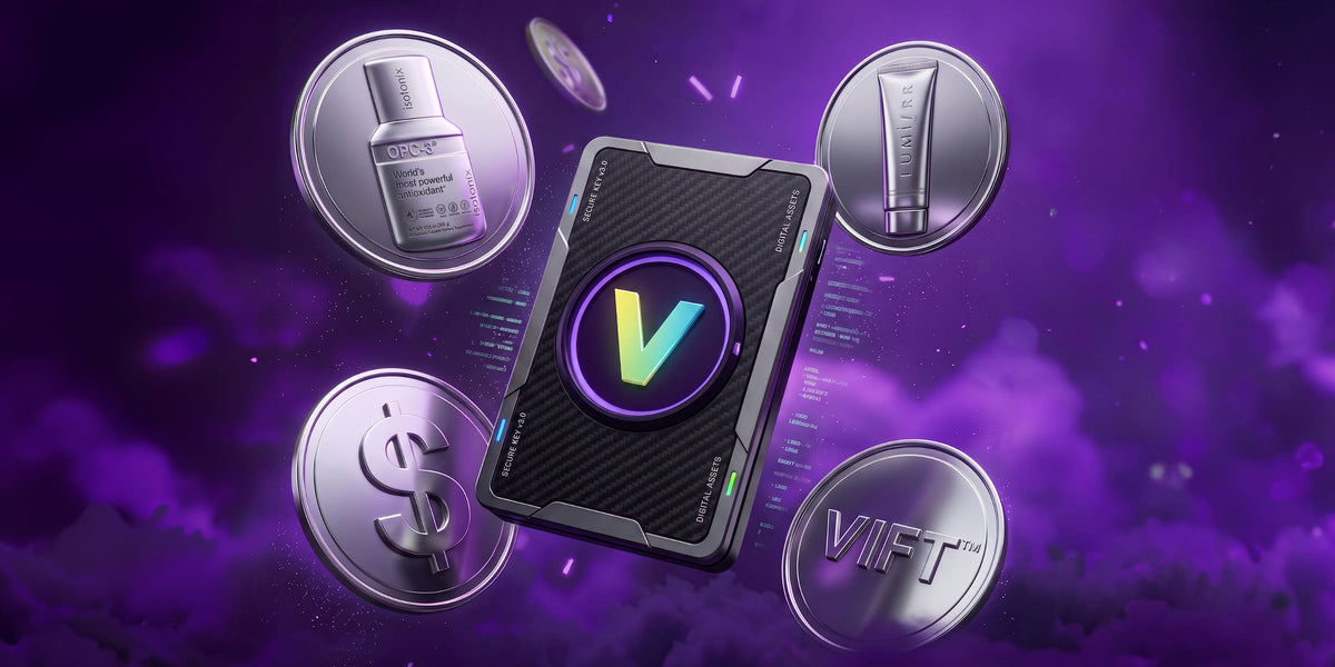 A digital promotional graphic showing a central black rectangular device with a glowing multicolor V logo, surrounded by floating silver coins and cosmetic bottles against a purple abstract background. Visible text includes VIFT.