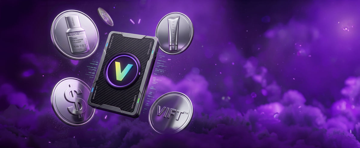 A black rectangular electronic device with a glowing circular logo sits centered on a purple smoky background, surrounded by floating silver product capsules and coins featuring the VIFT brand.