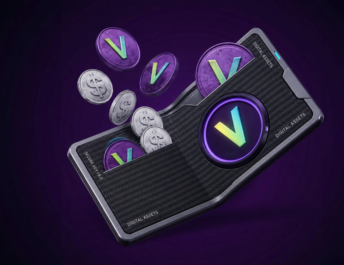 A futuristic black digital wallet or card with a carbon-fiber texture, shown floating on a dark purple background. Several iridescent purple and silver coins with a glowing V logo are emerging from the card, which also has a large matching V logo on the front.