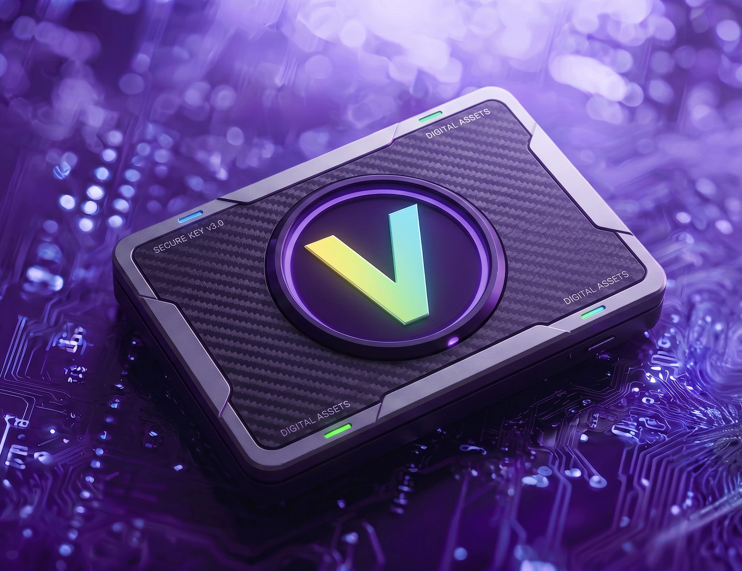 A rectangular digital security key device with a carbon fiber texture and a glowing multicolor 'V' logo on the front, resting on a purple circuit board background.
