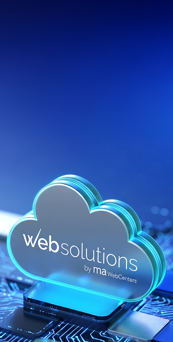 A glowing cloud-shaped sign with the text 'web solutions by maWebCenters' sits on a circuit board against a blue digital background.